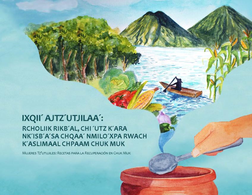 An image of a lake with trees and mountains wafts up from a cooking pot being stirred by a spoon.