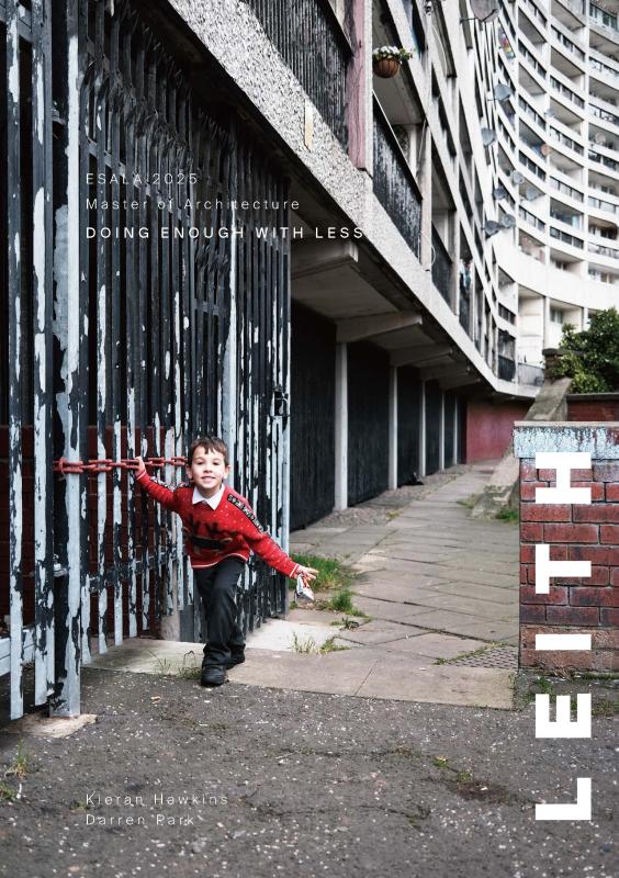 A small child runs past an iron gate within a block of flats.