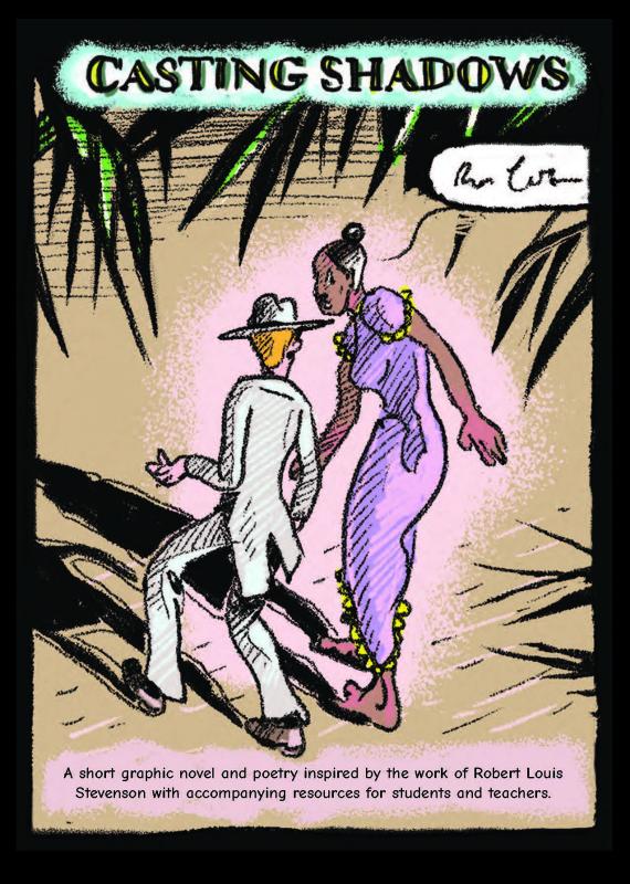 Two figures walk across a beach, with palm tree leaves hanging overhead.