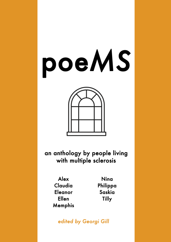 Orange banners around a line drawing of a round arched window. Text says "poeMS: an anthology by people living with multiple sclerosis."