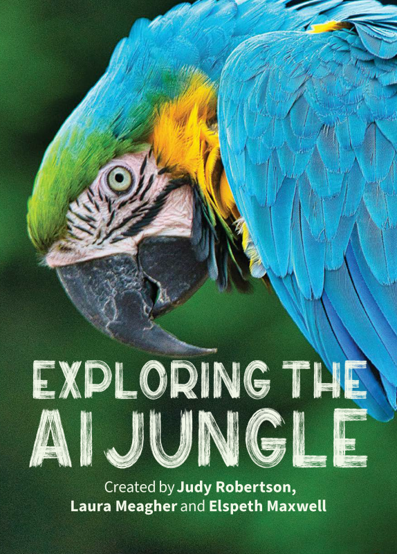 Book cover showing a blue, green and yellow parrot looking at the camera, on a green blurred background.