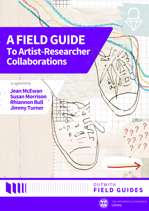 A pencil-drawn outline of trainers on a beige background, with purple boxes.