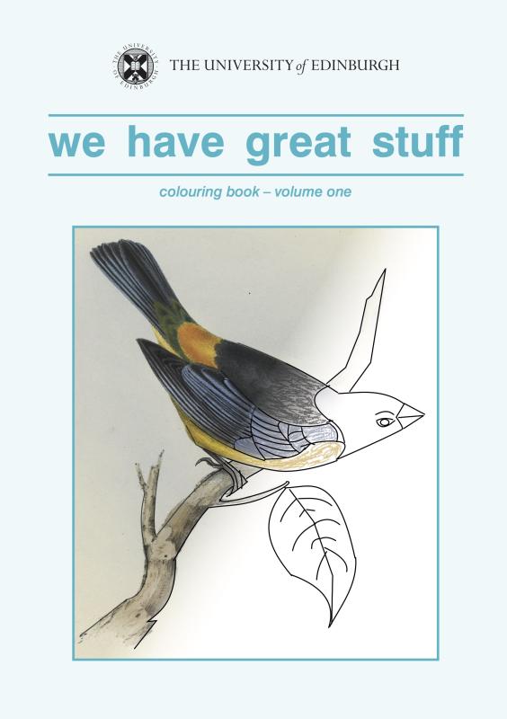 A book cover displaying a drawing of a bird sat on a branch that is partially coloured in.