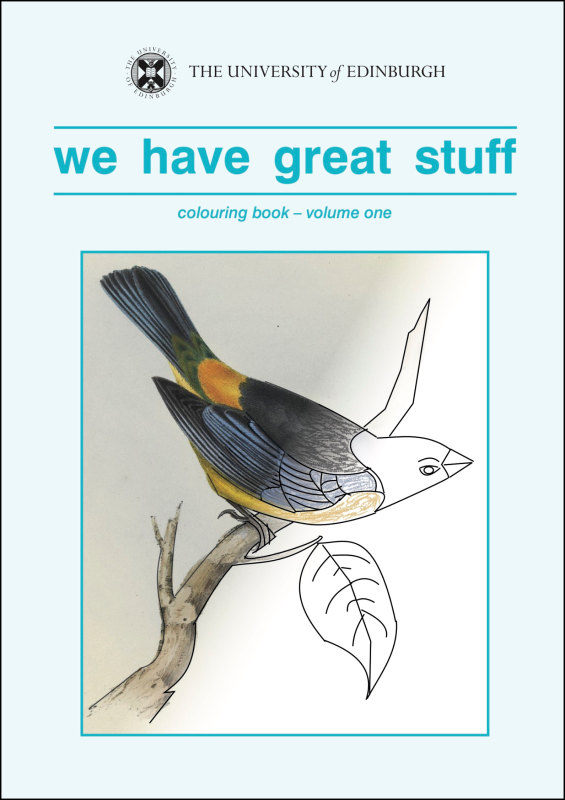 A book cover displaying a drawing of a bird sat on a branch that is partially coloured in.